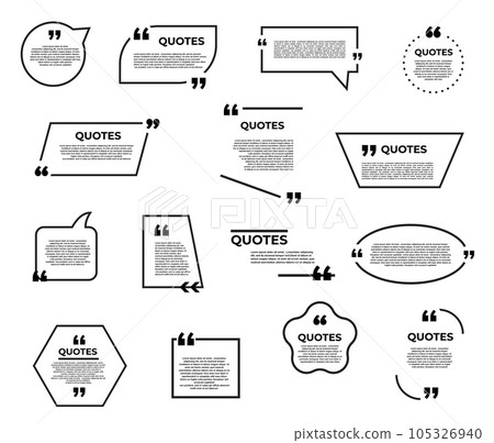 Quote bubble and box, chat, message, comment quote icons. Vector speech frames, comment for texting, citing for text info blank templates. Quotation symbols with inverted commas, isolated elements set Quote bubble and box, chat, message, comment quote icons. Vector speech frames, comment for texting, citing for text info blank templates. Quotation symbols with inverted commas, isolated elements set 105326940