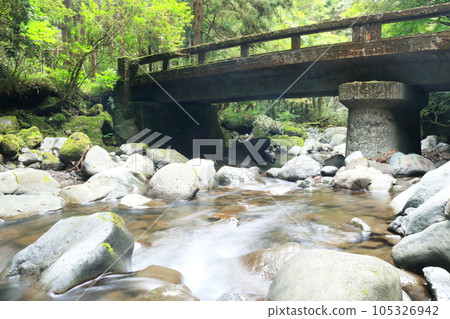 一座石橋橫跨流經山谷的清澈溪流 105326942