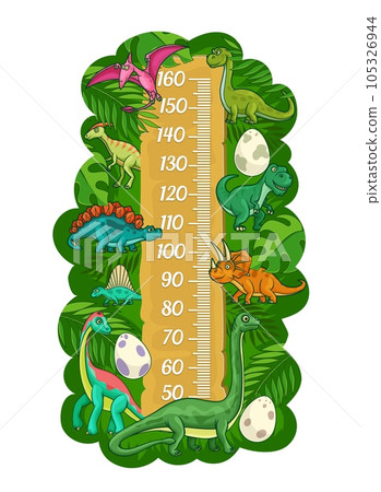 Cartoon kids height chart, funny dinosaurs and reptiles growth measure meter. Vector wall sticker for children height measurement with funny dino characters, eggs and scale with palm branches or leafs Cartoon kids height chart, funny dinosaurs and reptiles growth measure meter. Vector wall sticker for children height measurement with funny dino characters, eggs and scale with palm branches or leafs 105326944