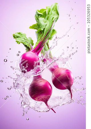 Beets fall into the water with splashes. 105326953