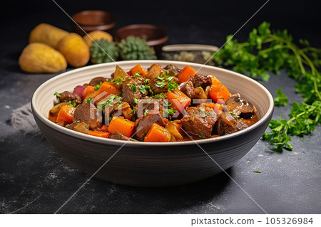 Goulash from meat and vegetables in a plate. 105326984