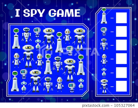 I spy kids game with cartoon robots and droids. Vector education puzzle, logic maze and attention test with find and count robots task, modern androids, cyborgs and bots on circuit board background I spy kids game with cartoon robots and droids. Vector education puzzle, logic maze and attention test with find and count robots task, modern androids, cyborgs and bots on circuit board background 105327064