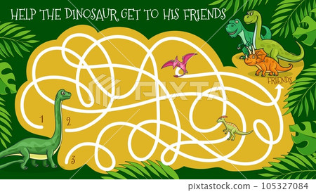 Cartoon dinosaurs vector labyrinth maze game or kids riddle. Logic puzzle, game or education quiz worksheet template, help dinosaur get to friends with pterodactyl, diplodocus, t-rex and triceratops Cartoon dinosaurs vector labyrinth maze game or kids riddle. Logic puzzle, game or education quiz worksheet template, help dinosaur get to friends with pterodactyl, diplodocus, t-rex and triceratops 105327084