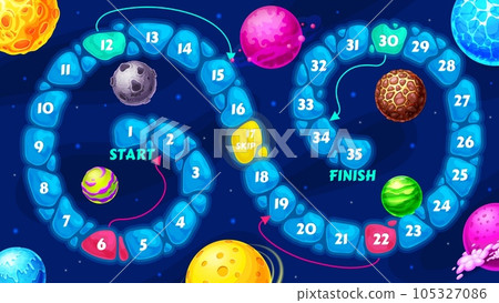 Galaxy kids board maze, space planets step by step game. Cartoon vector adventure boardgame with block path, numbers, start and finish. Educational children riddle for playschool leisure activity 105327086