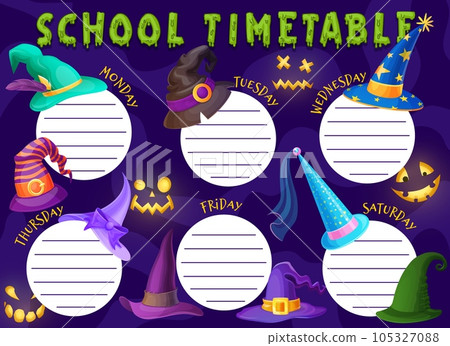 Halloween kids education schedule with witch hats. School timetable vector template with cartoon wizard caps and glow pumpkin spooky faces. Weekly time table for lessons and classes, planner frame 105327088