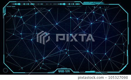 Futuristic UI HUD big data network in digital display or screen monitor interface frame, vector business technology. Head up display with global network structure with connections of neon lines, dots 105327098
