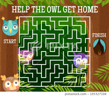 Kids labyrinth maze riddle with cartoon vector owls and funny owlets. Square maze game or puzzle, help owl get home logic riddle with background frame of owl birds, forest trees and cavity nest 105327108