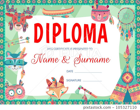 Cartoon indian animals, kids education vector diploma and certificate. School or kindergarten graduation diploma, certificate or award of achievement with native american arrows, feathers, tomahawk 105327110