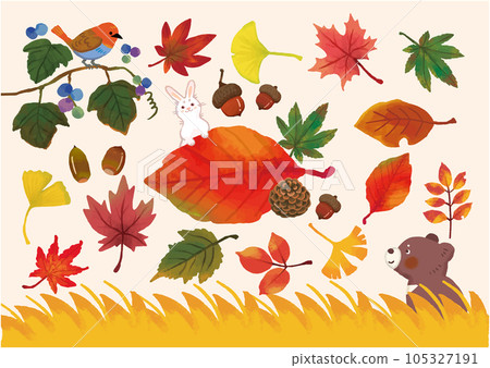 Hand-drawn picture book-like autumn harvest illustration set (with background) 105327191
