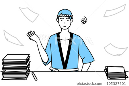 A man wearing a summer festival happi coat who is tired of untidy work A man wearing a summer festival happi coat who is tired of untidy work 105327301