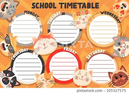 School timetable schedule funny cats and kittens. Education vector weekly planner template with cute cartoon characters. Kids time table for lessons with frames for classes list and kitty muzzles 105327575