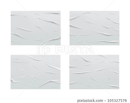 White glued wet paper, wrinkled texture, crumpled sheets. Vector creased posters with corrugation, blank rectangular mockup for ad flyers design. Folded textured pages isolated realistic 3d set 105327576