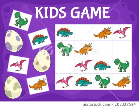Sudoku kids game with cartoon dinosaurs. Logical game, educational puzzle or rebus, kids crossword worksheet with cute tyrannosaurus, triceratops and pterodactyl, stegosaurus, dinosaurs eggs 105327584