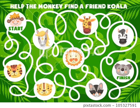 Funny cartoon animals. Kids labyrinth maze game, find a friend logical game or riddle, puzzle with finding way task. Vector monkey, horse and giraffe, zebra, lion and tiger, cheetah, raccoon and koala 105327591