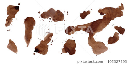 Spilled coffee. Set of coffee puddles. Isolated watercolor illustration for your design 105327593