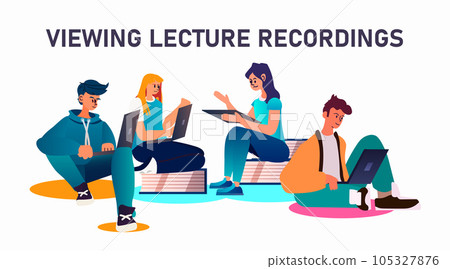 students group viewing lecture recordings online education video lectures and lessons on educational platform horizontal vector illustration students group viewing lecture recordings online education video lectures and lessons on educational platform horizontal vector illustration 105327876