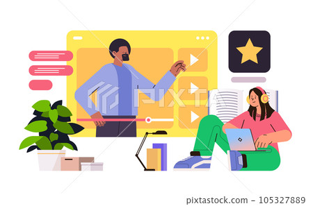 student watching lecture recordings podcast courses audio video recording online education e-learning concept student watching lecture recordings podcast courses audio video recording online education e-learning concept 105327889