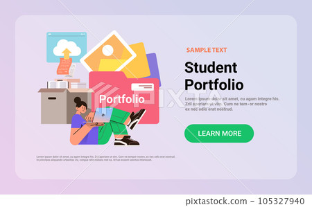 student girl working on laptop creating portfolio with different tools and docs online education concept 105327940