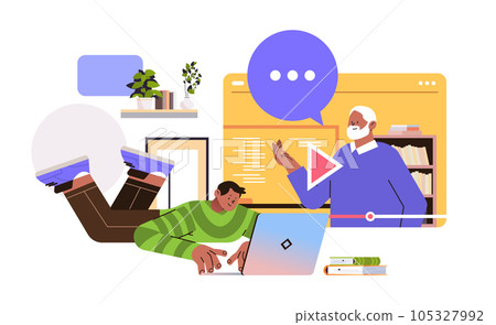 student guy viewing lecture recordings online education video lectures and lessons on educational platform student guy viewing lecture recordings online education video lectures and lessons on educational platform 105327992