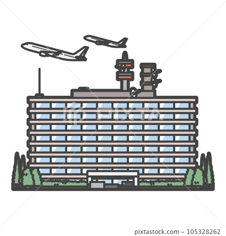 Illustration of passenger planes taking off and landing, and the building of the Ministry of Land, Infrastructure, Transport and Tourism/Civil Aviation Bureau Illustration of passenger planes taking off and landing, and the building of the Ministry of Land, Infrastructure, Transport and Tourism/Civil Aviation Bureau 105328262