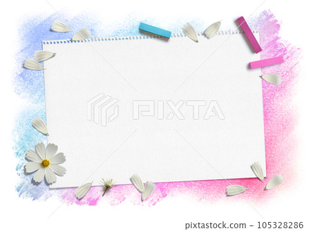 白色波斯菊花瓣、粉色和藍色粉彩和素描本 105328286