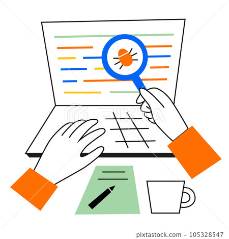 Software tester profession, testing online courses, person searching for bugs in code, magnifying glass, distant education concept, hand drawn composition with laptop screen, vector illustration Software tester profession, testing online courses, person searching for bugs in code, magnifying glass, distant education concept, hand drawn composition with laptop screen, vector illustration 105328547