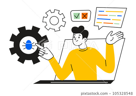 Software tester online courses, teacher on screen shows how to find bugs in code, hand drawn composition, distant education concept, IT profession lessons, vector illustration, colored clipart Software tester online courses, teacher on screen shows how to find bugs in code, hand drawn composition, distant education concept, IT profession lessons, vector illustration, colored clipart 105328548