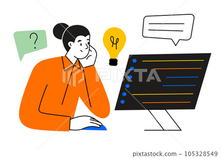Student learning to code, online courses, woman looking at html code on monitor screen, hand drawn composition, vector illustration of web development, IT professions education, colored clipart Student learning to code, online courses, woman looking at html code on monitor screen, hand drawn composition, vector illustration of web development, IT professions education, colored clipart 105328549