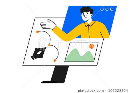 Web design video courses, online education in digital professions, hand drawn composition, teacher on screen creates illustrations, computer drawing vector clipart, internet classes, colored clipart 105328554