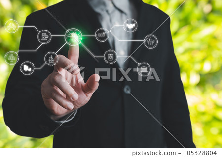 hand touch hologram screen to save energy,and reduce global warming,sustainable business investments,carbon credit,eco-friendly investment,ESG for Environment Social and Governance. 105328804