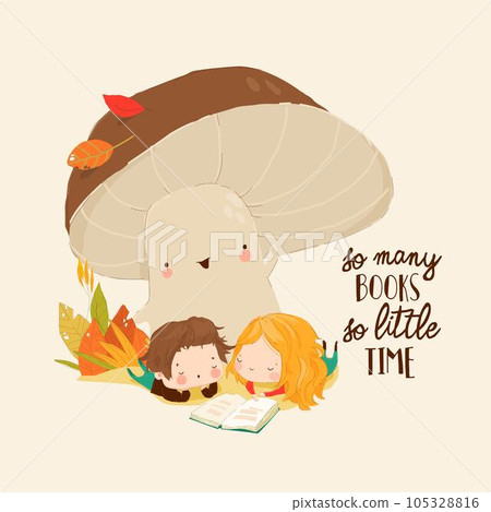 Cute Boy and Girl are relaxing and enjoying reading Books under Big Mushroom Cute Boy and Girl are relaxing and enjoying reading Books under Big Mushroom 105328816
