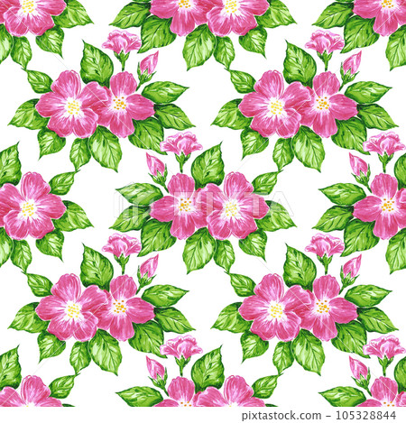 Hand drawn watercolor pink apple blossom seamless pattern isolated on white background. Can be used for textile, gift-wrapping, fabric and other printed products. Hand drawn watercolor pink apple blossom seamless pattern isolated on white background. Can be used for textile, gift-wrapping, fabric and other printed products. 105328844