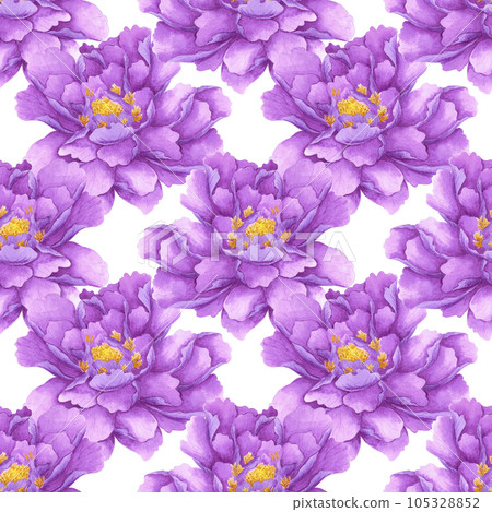 Hand drawn watercolor purple peony seamless pattern isolated on white background. Can be used for textile, gift-wrapping, fabric and other printed products. Hand drawn watercolor purple peony seamless pattern isolated on white background. Can be used for textile, gift-wrapping, fabric and other printed products. 105328852