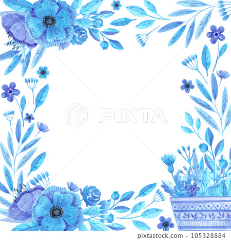 Hand drawn watercolor blue flowers and leaves in a busket boarder frame. Isolated on white. Can be used for cards, banners, album, label. 105328884