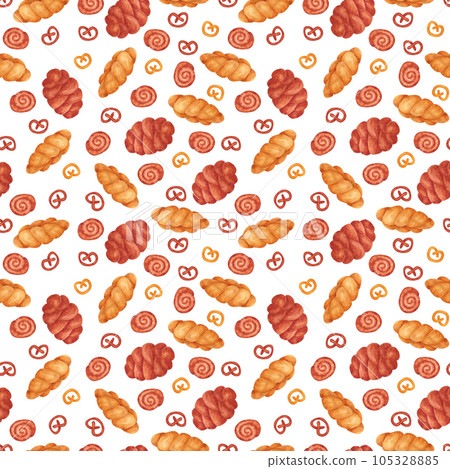 Hand drawn watercolor bread and buns seamless pattern. Isolated on white background. Can be used for Scrapbook, textile, gift-wrapping, banner and any printed products. 105328885