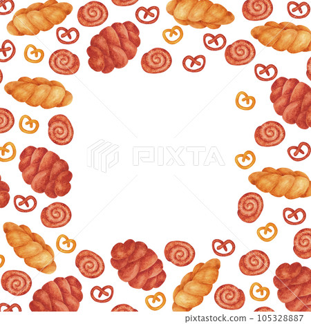 Hand drawn watercolor buns and bread frame boarder. Isolated on white background. Can be used for Scrapbook design, cards, label, banner and any printed products. 105328887
