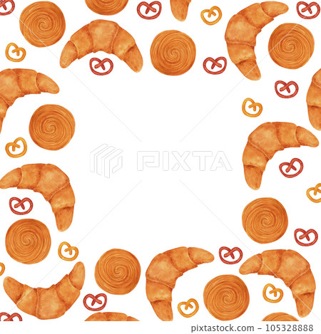 Hand drawn watercolor buns and bread frame boarder. Isolated on white background. Can be used for Scrapbook design, cards, label, banner and any printed products. 105328888