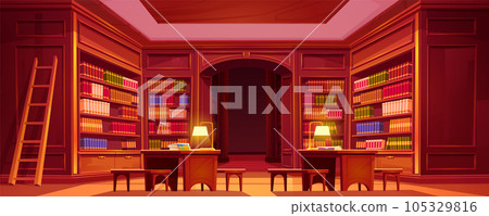 Bookshelf in library interior with table and chair Bookshelf in library interior with table and chair 105329816