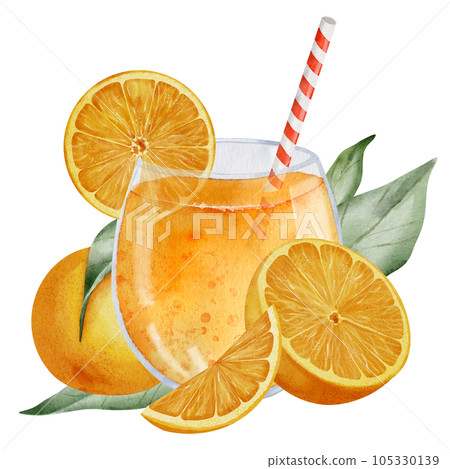 Orange Juice with tropical Fruits and leaves. Hand drawn watercolor illustration of glass with tangerine beverage on white isolated background. Drawing of citrus cocktail with slices of mandarin. Orange Juice with tropical Fruits and leaves. Hand drawn watercolor illustration of glass with tangerine beverage on white isolated background. Drawing of citrus cocktail with slices of mandarin. 105330139