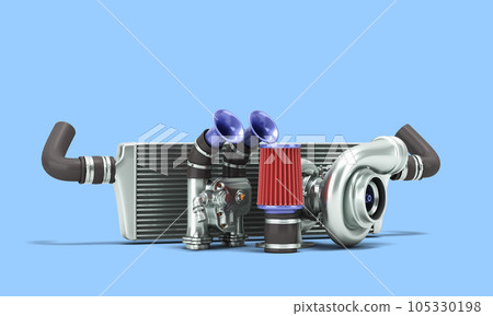 Set of custom spare car parts for tuning the internal components 3d render on blue background 105330198
