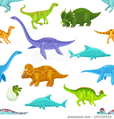 Cute aquatic and land dinosaurs cartoon personages seamless pattern. Fabric vector seamless print with Raptor, Centrosaurus, Triceratops and Lambeosaurus, Plesiosaurus, Elasmosaurus dino personage Cute aquatic and land dinosaurs cartoon personages seamless pattern. Fabric vector seamless print with Raptor, Centrosaurus, Triceratops and Lambeosaurus, Plesiosaurus, Elasmosaurus dino personage 105330529
