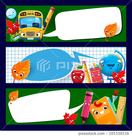 School education banners. Cartoon cheerful stationery supply characters. Vector horizontal cards with bus, autumn leaves, pencil and sharpener. Magnifier, book, globe and apple with speech bubbles School education banners. Cartoon cheerful stationery supply characters. Vector horizontal cards with bus, autumn leaves, pencil and sharpener. Magnifier, book, globe and apple with speech bubbles 105330538