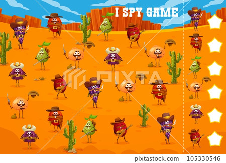 Wild West I spy game, cartoon cowboy, bandit and ranger fruit characters, vector kids worksheet. Pear, fig and lychee with orange and grape on quiz puzzle to search and find same western fruits 105330546