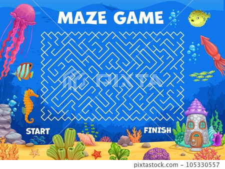 Labyrinth maze, help seahorse find house in sea landscape, vector puzzle game. Kids worksheet to find way for seahorse in undersea to ocean home dwelling in underwater labyrinth maze path 105330557