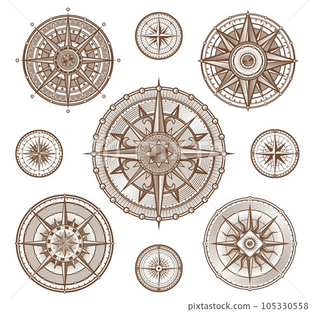 Vintage compass wind roses, Medieval nautical navigation signs, vector icons. Ship seafaring compass in woodcut lines with wind roses for maritime travel navigation and captain ship or boat direction Vintage compass wind roses, Medieval nautical navigation signs, vector icons. Ship seafaring compass in woodcut lines with wind roses for maritime travel navigation and captain ship or boat direction 105330558