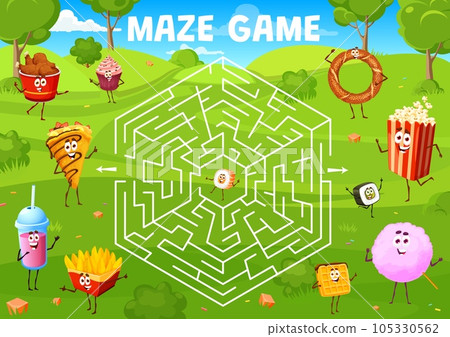 Labyrinth maze game cartoon fast food and desserts personages. Kids vector worksheet with chicken drumsticks, cupcake, crepe and cocktail. Potato chops, waffle, pop corn or bagel help roll find exit 105330562
