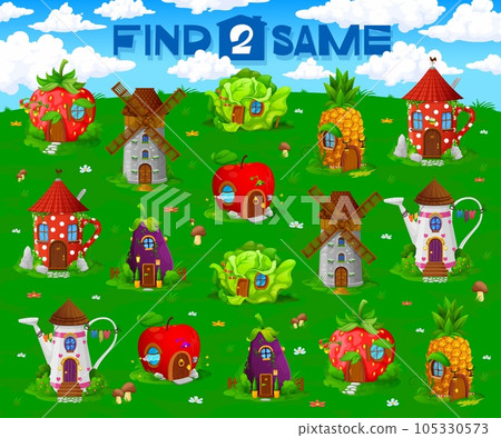 Find two same cartoon fairytale houses in kids game worksheet, vector puzzle quiz. Find and match same pictures of fairy village dwellings in teapot and mug, windmill or cabbage and pineapple Find two same cartoon fairytale houses in kids game worksheet, vector puzzle quiz. Find and match same pictures of fairy village dwellings in teapot and mug, windmill or cabbage and pineapple 105330573