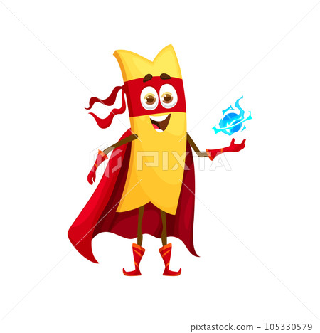 Cartoon lasagna pasta superhero character. Isolated vector defender with noodle-shaped body, red cape and mask, ready to save the day and defeat any hunger inducing villains with power ball Cartoon lasagna pasta superhero character. Isolated vector defender with noodle-shaped body, red cape and mask, ready to save the day and defeat any hunger inducing villains with power ball 105330579