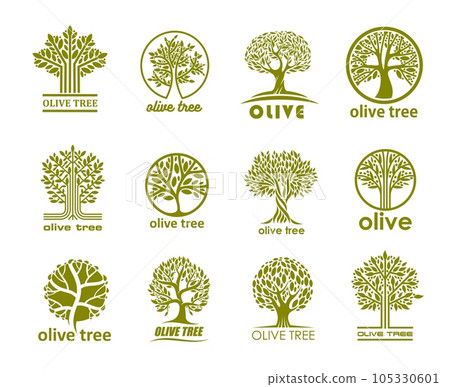 Olive tree icons, olive oil labels for organic natural food, vector symbols. Olive tree silhouettes in circle with green plant leaf for extra virgin oil signs, eco farm garden and nature park 105330601