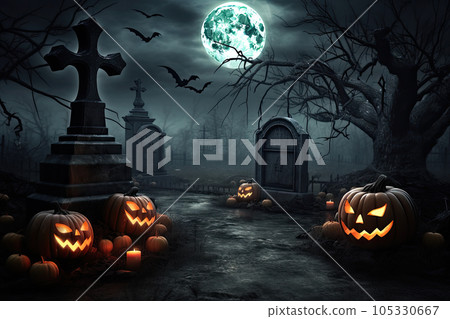 halloween background with scary pumpkins, candles in the graveyard at night halloween background with scary pumpkins, candles in the graveyard at night 105330667